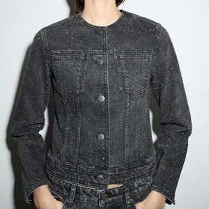 $150 ZARA Black Denim Jacket Studded Embellished Small New